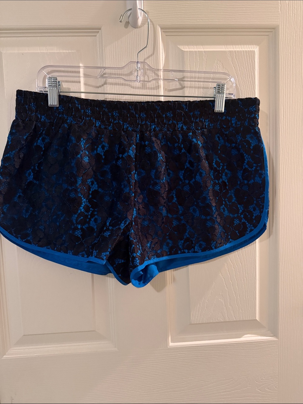 Vera Wang Black Lace-Overlay Athletic Shorts with Blue Trim